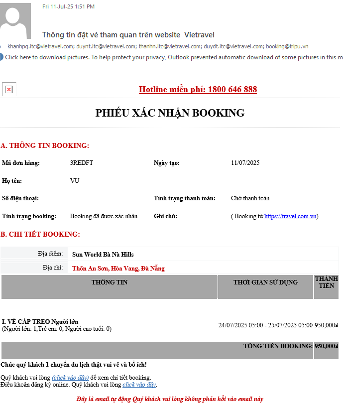 Bước 8 Kiểm tra lại thông tin vé được gửi về mail sau khi thanh toán thành công.