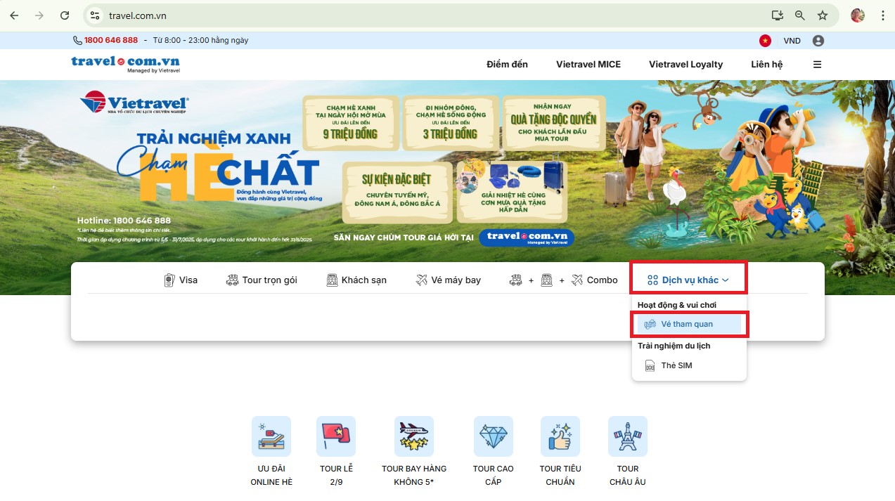 Bước 1 Truy cập web travel.com.vn và chọn tab “Dịch vụ khác”, chọn “Vé Tham Quan” 