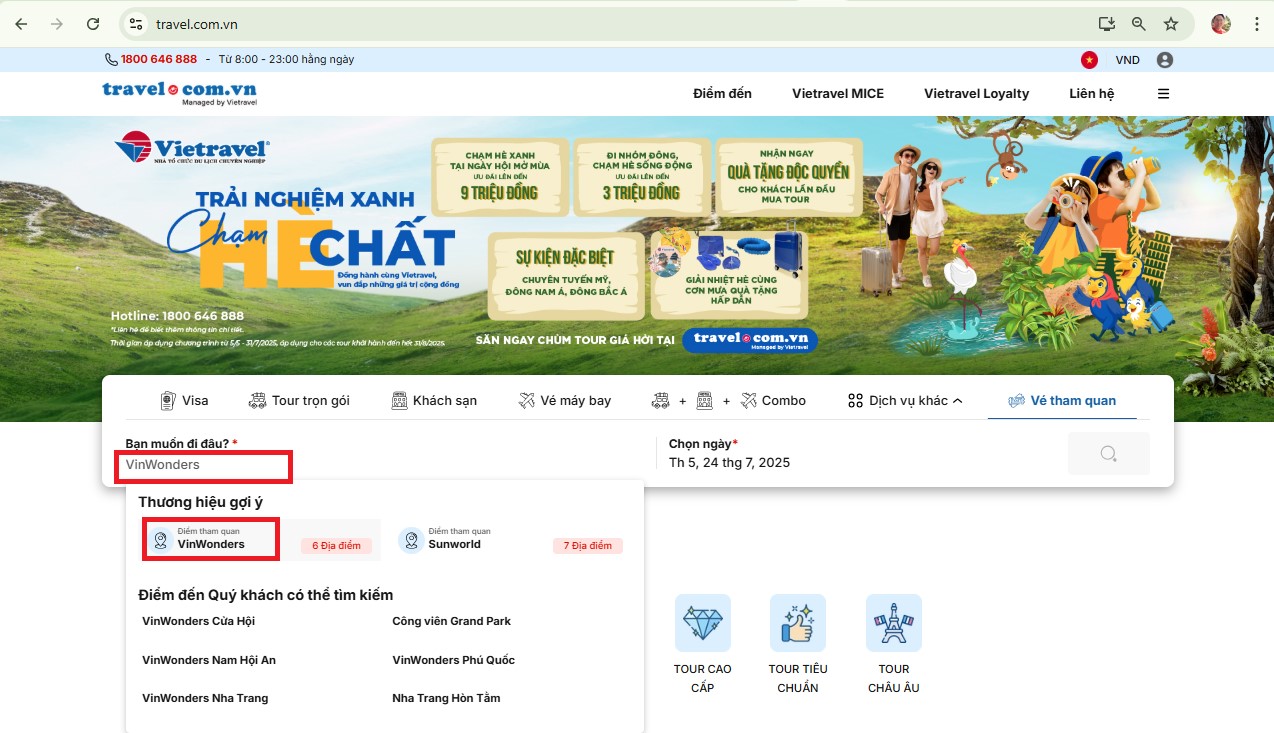 BƯỚC 2 Nhập “Vinwonders” vào trường “Bạn muốn đi đâu?”, chọn thẻ Vinwonders phía dưới và chọn điểm đến muốn mua vé và click vào biểu tượng kính lúp.