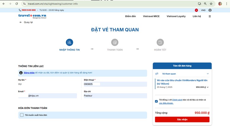 BƯỚC 5 Nhập thông tin và click “xác nhận” để thanh toán