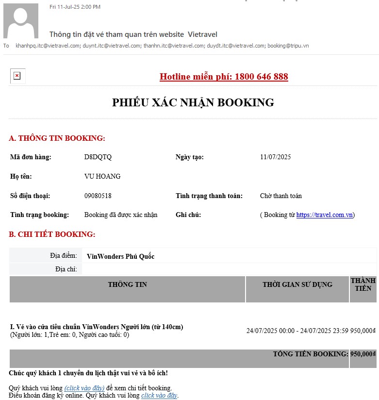 Bước 8 Kiểm tra lại thông tin vé được gửi về mail sau khi thanh toán thành công.