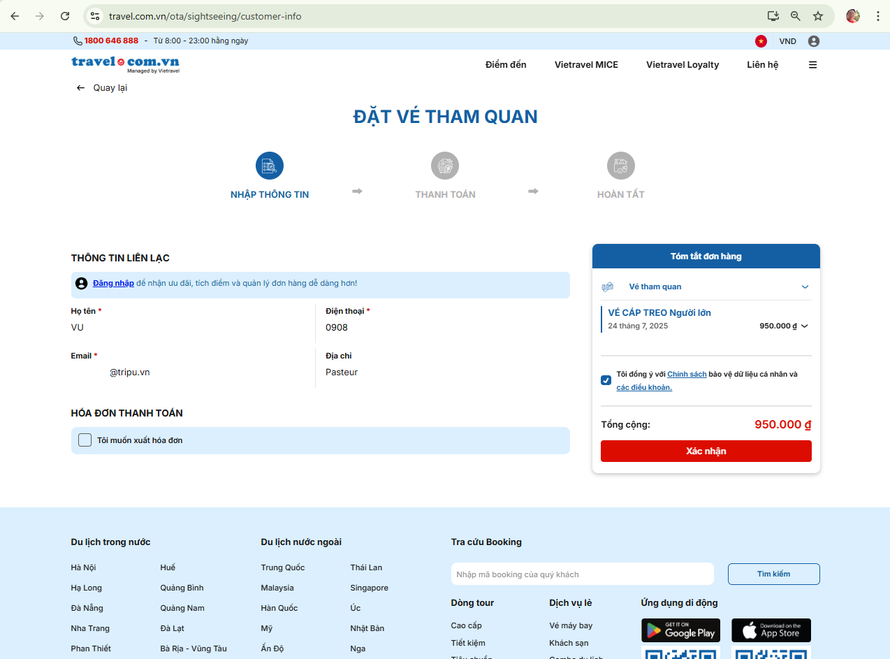 Bước 5 Nhập thông tin và click “xác nhận” để thanh toán