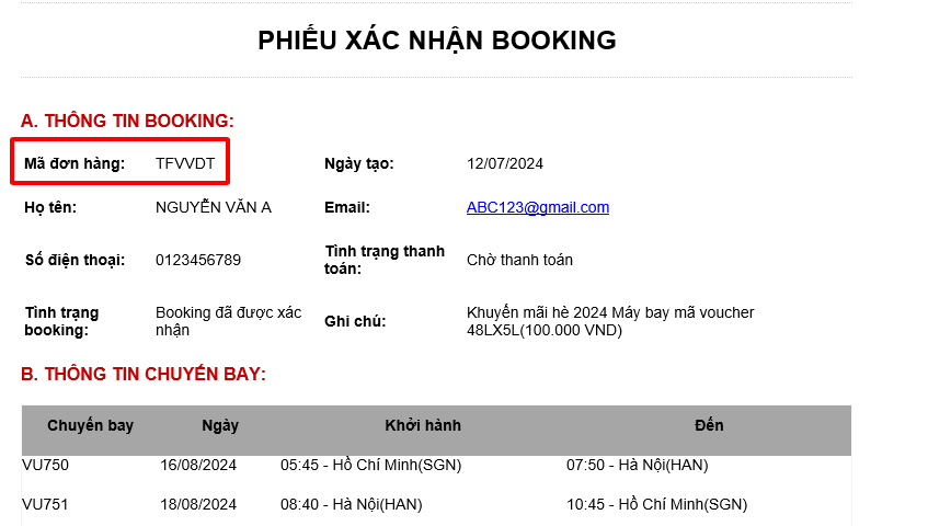 Bước 1: Phiếu xác nhận Booking