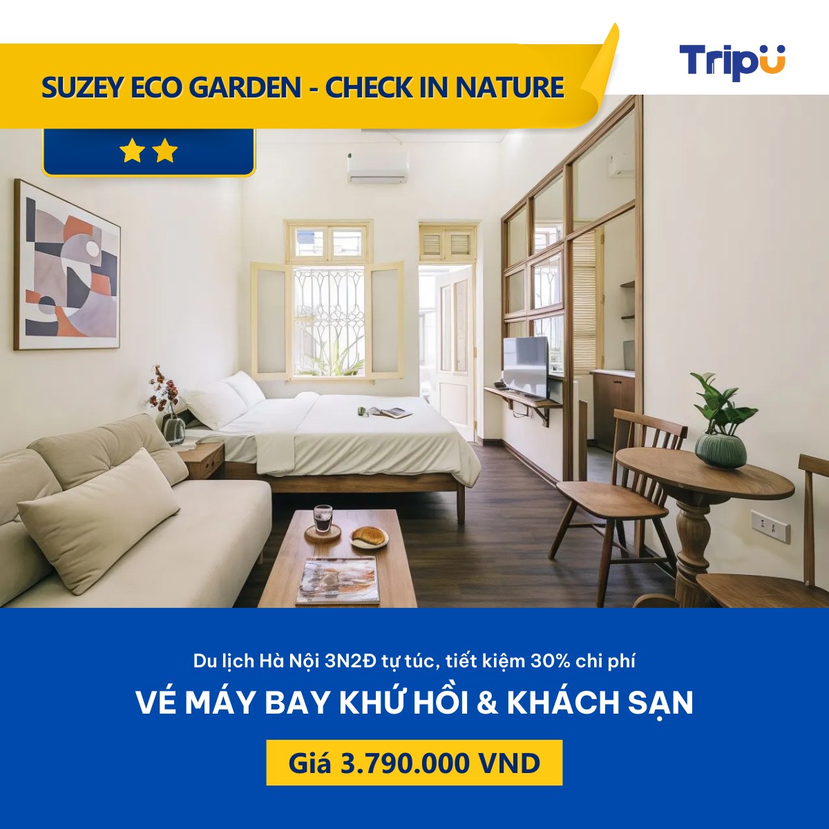 Combo vé máy bay khứ hồi TPHCM - Hà Nội + khách sạn SUZEY Eco Garden