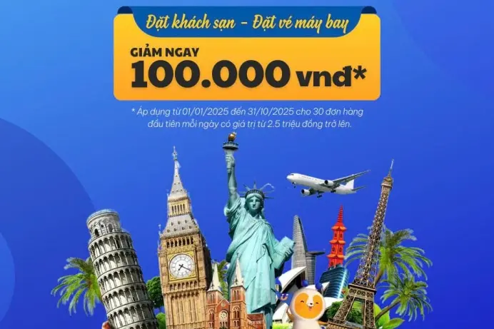 Evoucher giảm ngay 100.000đ cho booking đặt Vé máy bay hoặc Khách sạn trên web tripu.com.vn